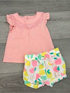 Happily Grey Pink Top Paired With Carter’s Fruit Shorts. Girls size 12 Months